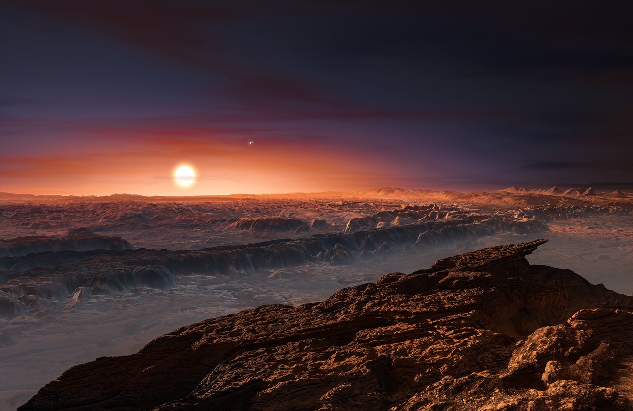 Artist's impression: a rocky surface under a dim red sun, with a double star in the sky