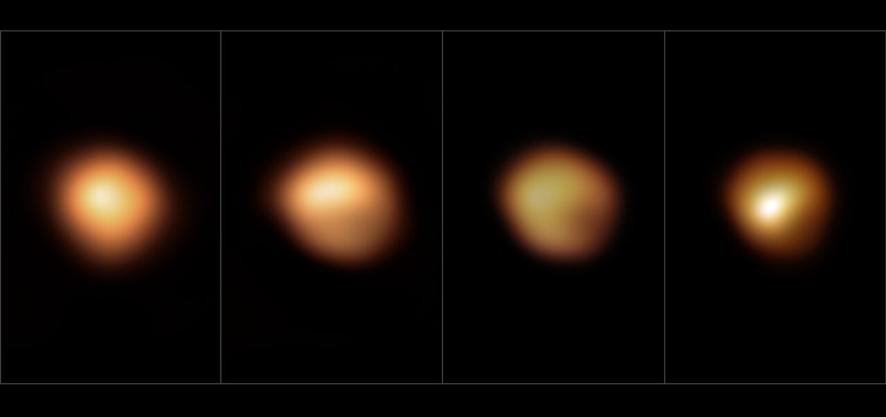 Four images of Betelgeuse's orange disc; in the later three the lower half is much darker