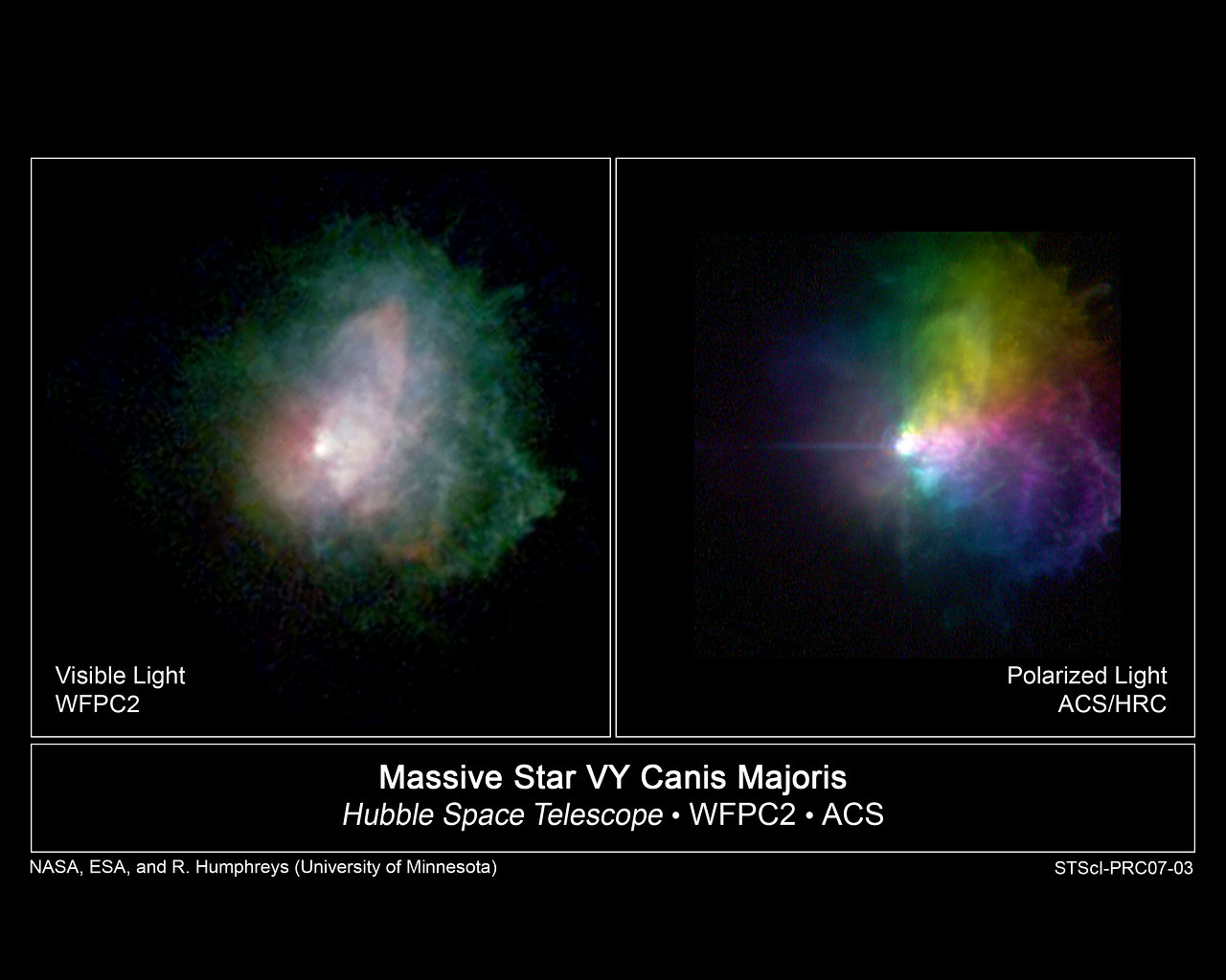 Two Hubble views of VY Canis Majoris: a bright star surrounded by tangled arcs, loops and knots of gas and dust